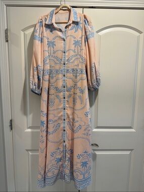 Peach & Light Blue Button-Front Maxi Dress